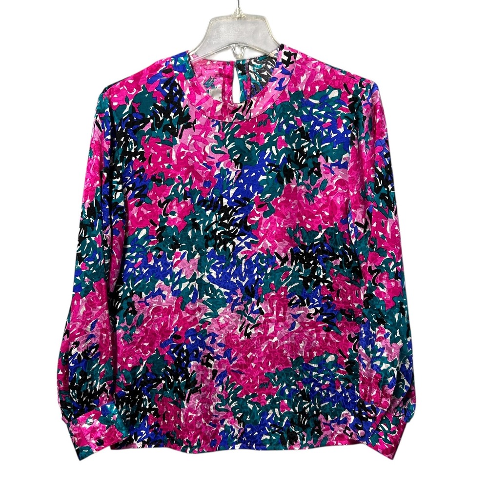 DONCASTER SILKS Women Abstract Textured Floral Print Long Sleeve Silk Blouse XS